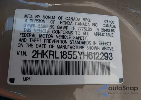 2000 Honda Odyssey Lx z USA, uszkodzony, nr VIN 2HKRL1855YH612293